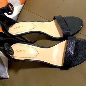 ALDO Black Leather Heel Sandals, 1”, Size 8.5